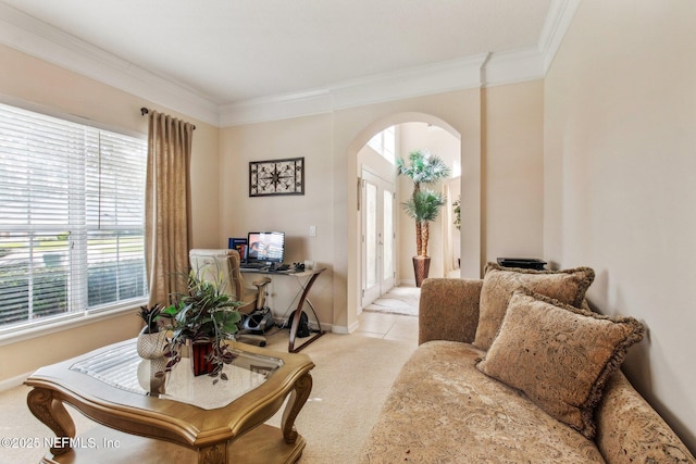 sitting room with carpet floors, baseboards, arched walkways, and ornamental molding