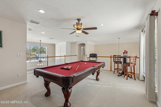 game room with carpet floors, billiards, a textured ceiling, and recessed lighting