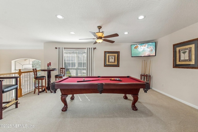 game room with a textured ceiling, recessed lighting, light colored carpet, billiards, and baseboards