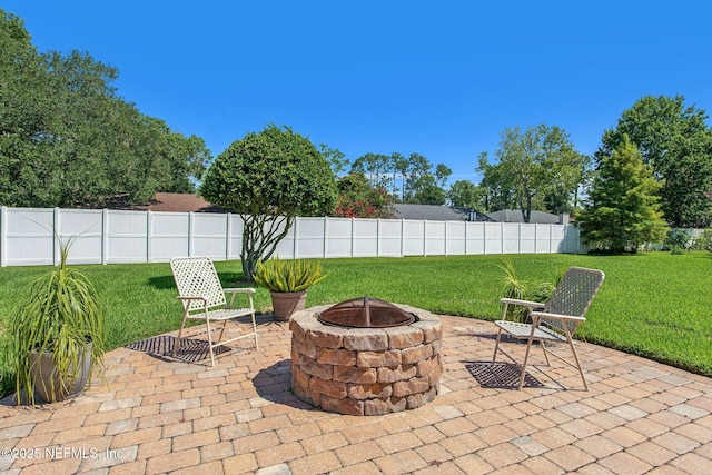 view of patio / terrace with an outdoor fire pit and a fenced backyard