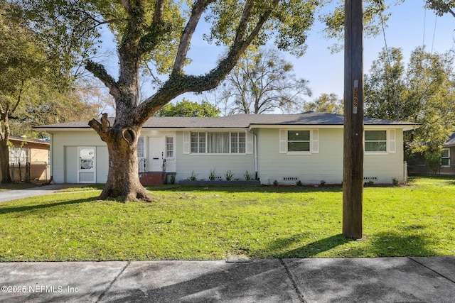 single story home with crawl space and a front yard