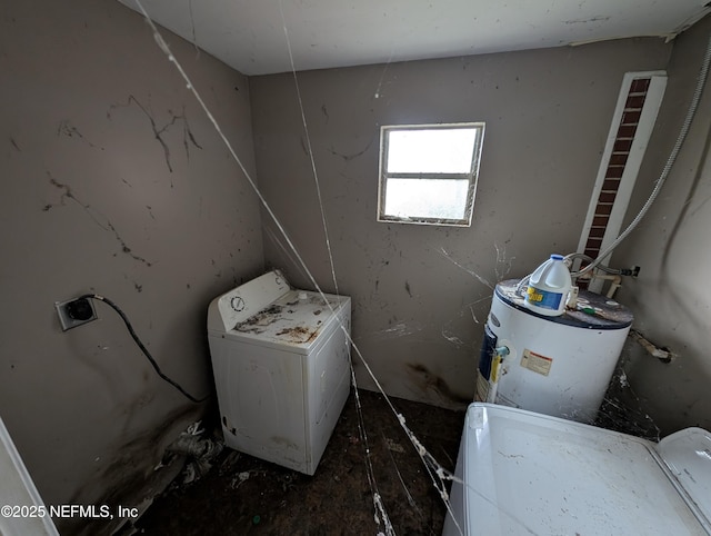 laundry room with water heater, laundry area, and washer and clothes dryer