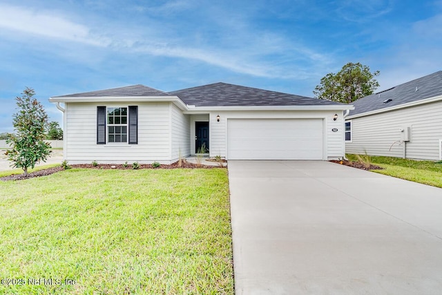 single story home with a garage, concrete driveway, and a front lawn