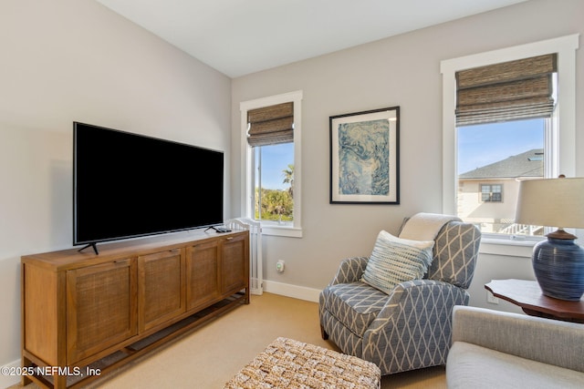 living room with light carpet and baseboards