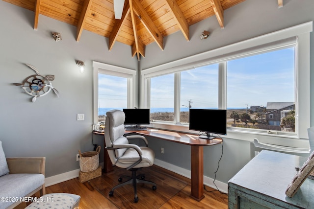 office space featuring vaulted ceiling with beams, wooden ceiling, baseboards, and wood finished floors