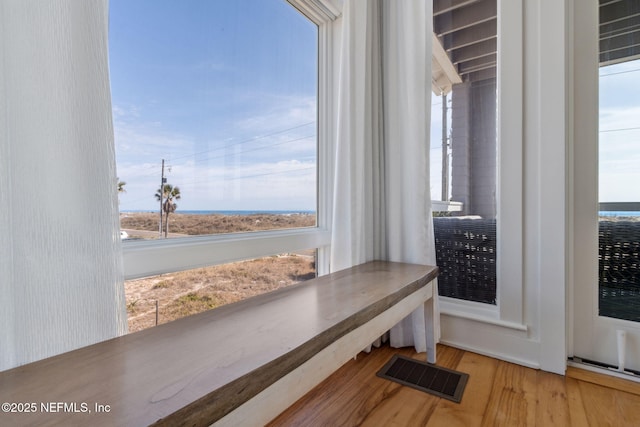 mudroom featuring a healthy amount of sunlight, visible vents, and wood finished floors