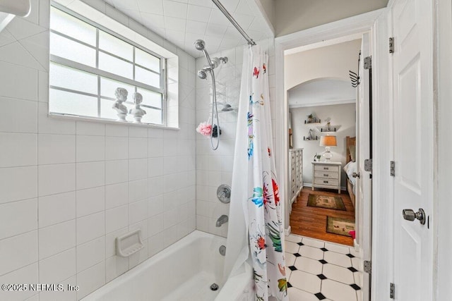 full bath featuring shower / bathtub combination with curtain