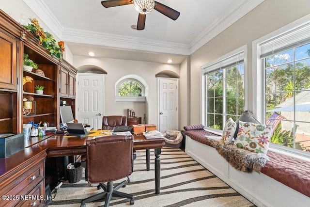 office featuring a ceiling fan, plenty of natural light, and crown molding