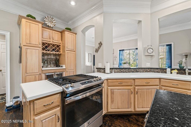 kitchen with arched walkways, a sink, stainless steel gas range, dark wood-style floors, and light brown cabinetry