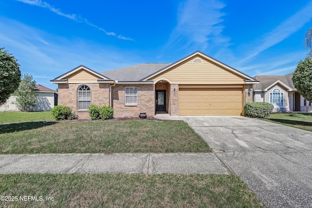 ranch-style house with a garage, driveway, a front yard, and brick siding