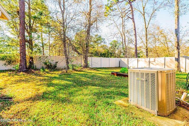 view of yard featuring central AC unit and a fenced backyard