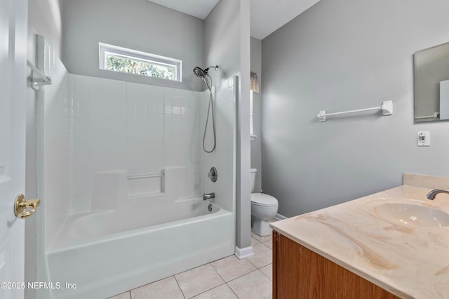 full bath featuring tub / shower combination, vanity, toilet, and tile patterned floors