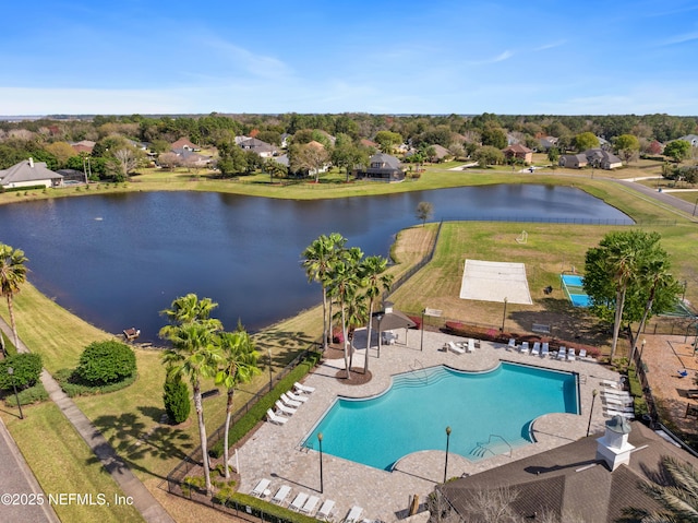 aerial view featuring a water view