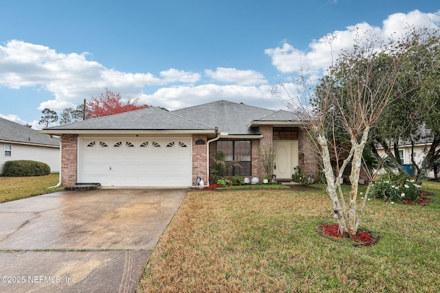 view of front of home featuring a garage, concrete driveway, brick siding, and a front yard