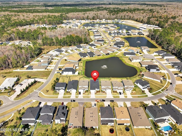 aerial view featuring a water view and a residential view