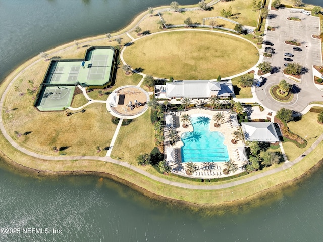 drone / aerial view featuring a water view