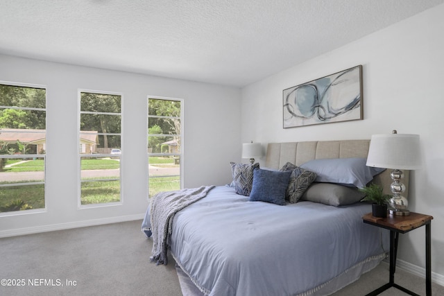 bedroom with carpet flooring, a textured ceiling, and baseboards