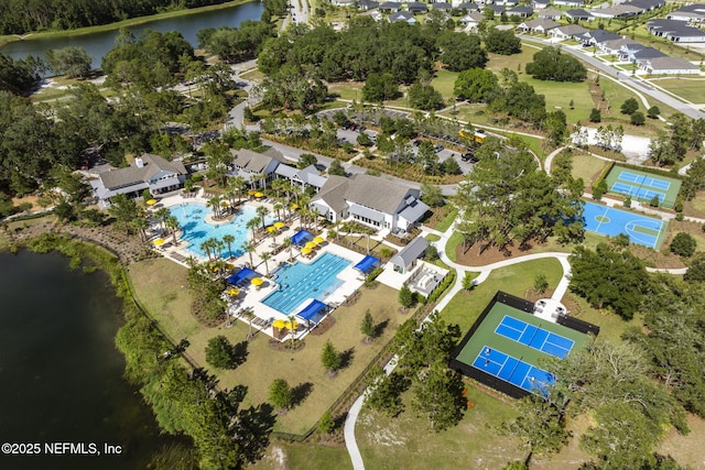 aerial view featuring a residential view and a water view