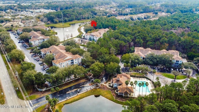 aerial view featuring a residential view and a water view