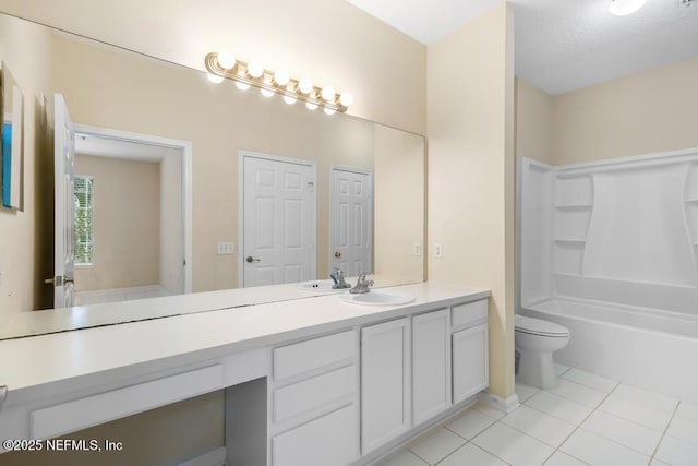 bathroom featuring toilet, shower / bathtub combination, tile patterned flooring, and vanity