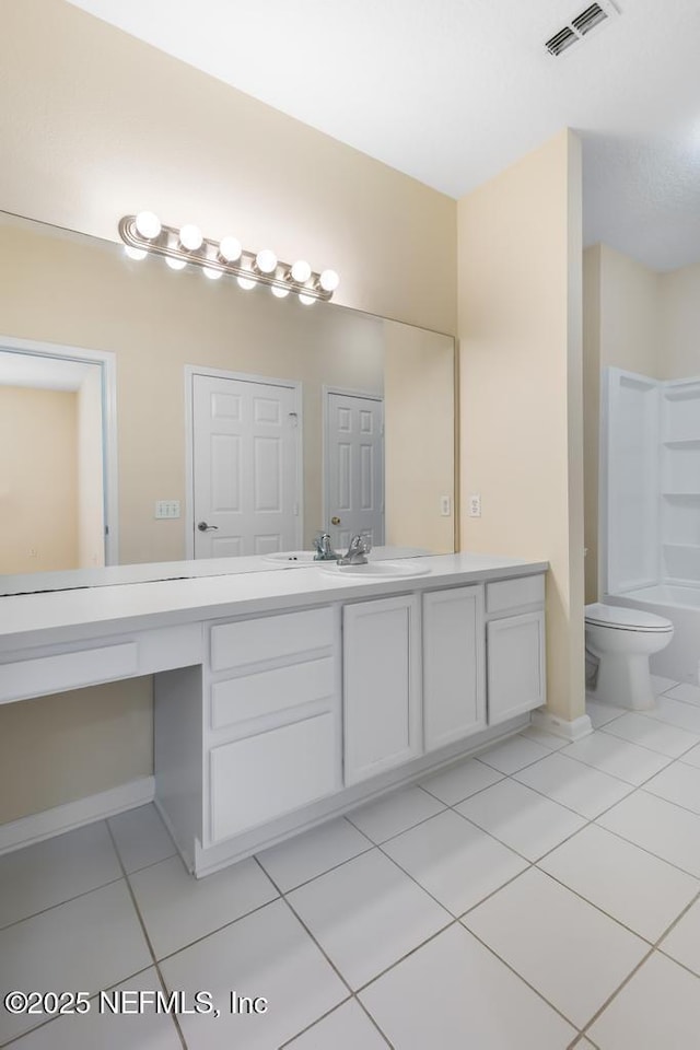 full bathroom featuring tile patterned flooring, toilet, bathing tub / shower combination, vanity, and visible vents