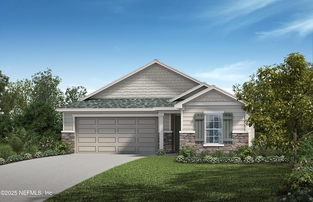 craftsman house featuring driveway, stone siding, an attached garage, and a front lawn