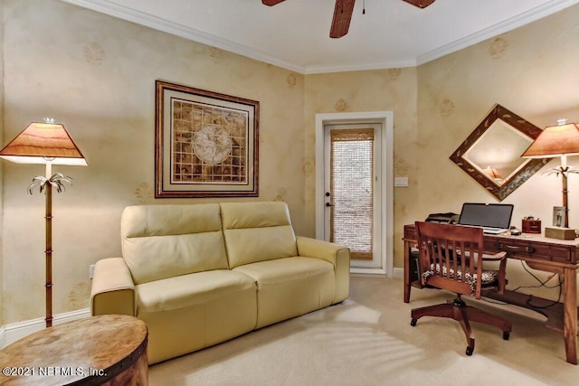 office area with ceiling fan, ornamental molding, baseboards, and light colored carpet