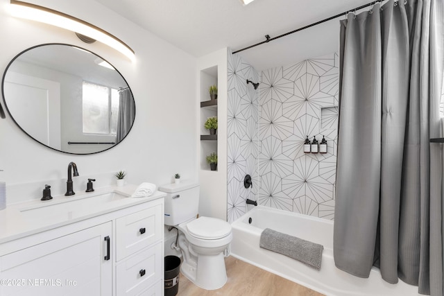 bathroom with built in shelves, shower / bathtub combination with curtain, toilet, vanity, and wood finished floors