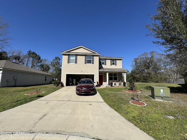 view of front of house with a garage, concrete driveway, a porch, and a front yard