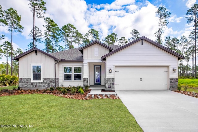 craftsman inspired home featuring driveway, stone siding, and board and batten siding