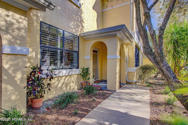 entrance to property with stucco siding