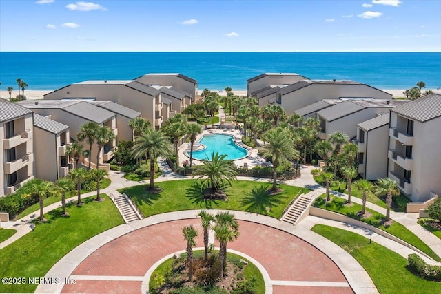 aerial view featuring a water view and a residential view