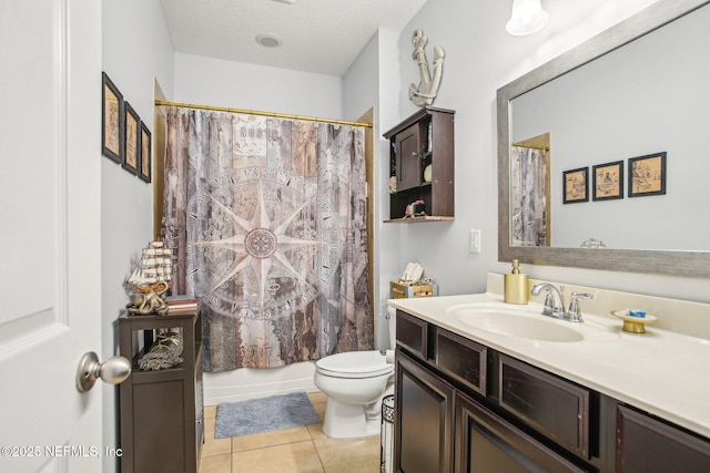 full bath featuring shower / tub combo, toilet, tile patterned floors, a textured ceiling, and vanity