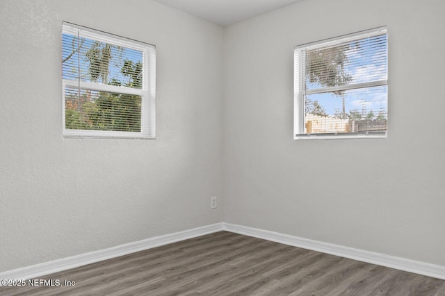 spare room with a healthy amount of sunlight, baseboards, and wood finished floors