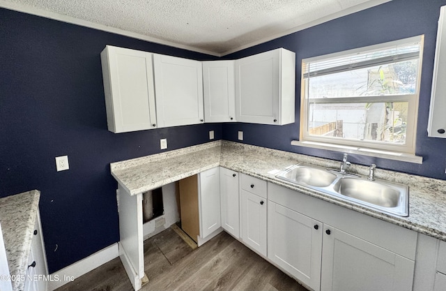 kitchen with white cabinetry, light countertops, a sink, and wood finished floors