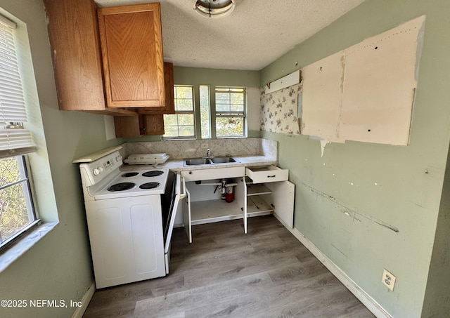 kitchen featuring white electric stove, a textured ceiling, light wood-type flooring, and a sink