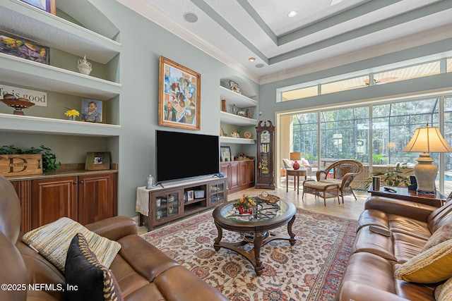 tiled living room with crown molding, a textured ceiling, plenty of natural light, and built in features