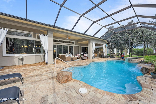 view of swimming pool featuring ceiling fan, a patio, glass enclosure, an outdoor hangout area, and a pool with connected hot tub