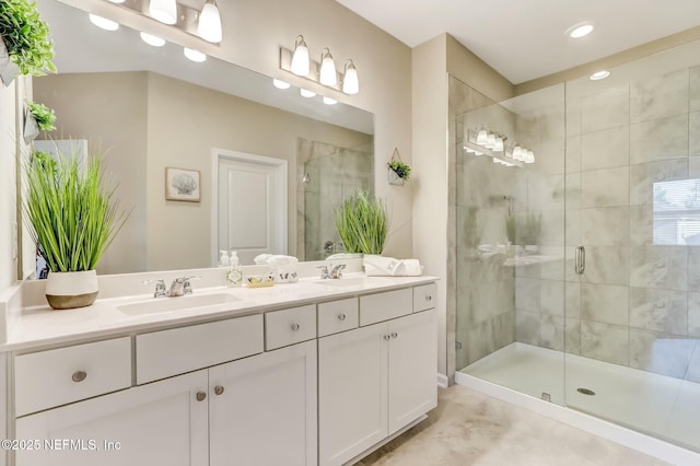 454 Pine Bluff Dr, Saint Augustine, FL 32092 - full bathroom featuring a sink, a shower stall, and double vanity