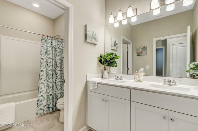 454 Pine Bluff Dr, Saint Augustine, FL 32092 - full bath featuring double vanity, shower / bath combo, a sink, and tile patterned floors