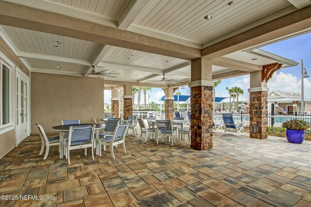 454 Pine Bluff Dr, Saint Augustine, FL 32092 - view of patio featuring outdoor dining area, a water view, ceiling fan, and fence