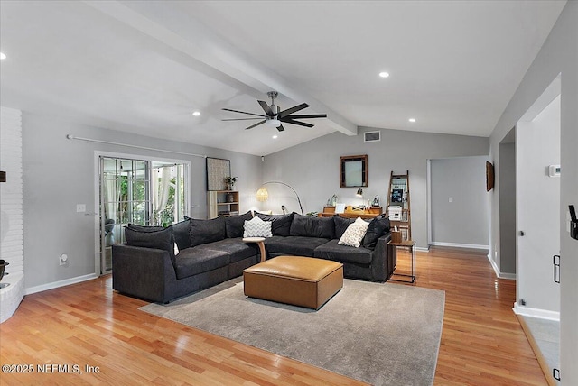 living room featuring light wood finished floors, visible vents, vaulted ceiling with beams, baseboards, and a ceiling fan