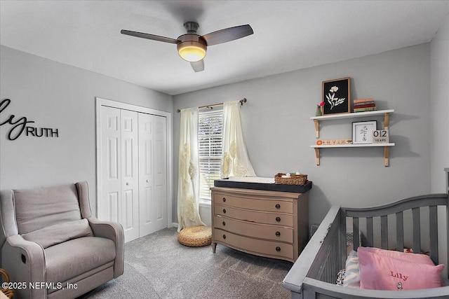 bedroom featuring a closet, carpet flooring, and ceiling fan