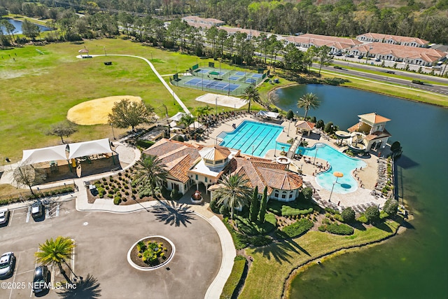 aerial view featuring a water view