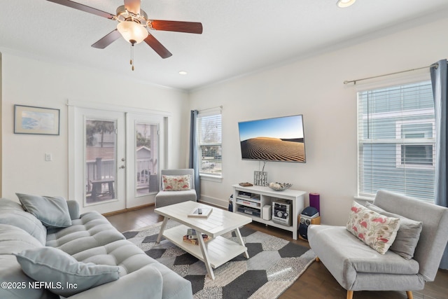 342 4th St N, Jacksonville Beach, FL 32250 - living room with recessed lighting, a ceiling fan, wood finished floors, and french doors