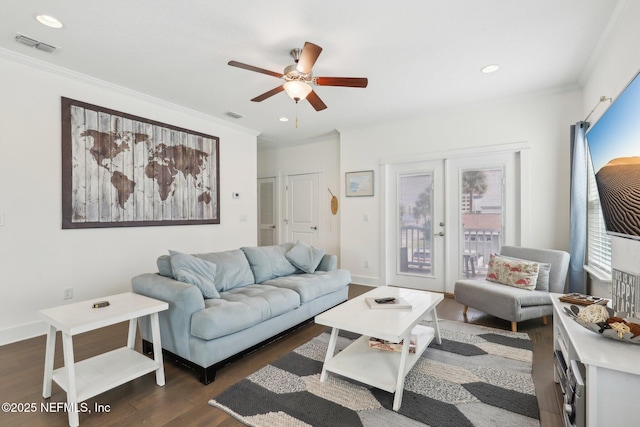 342 4th St N, Jacksonville Beach, FL 32250 - living area featuring french doors, crown molding, visible vents, dark wood-type flooring, and baseboards