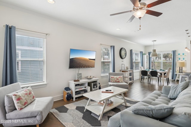 342 4th St N, Jacksonville Beach, FL 32250 - living area with recessed lighting, wood finished floors, a ceiling fan, and baseboards