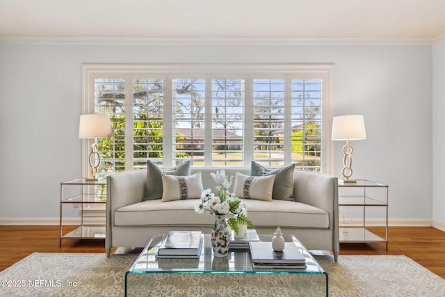 living area featuring ornamental molding, plenty of natural light, baseboards, and wood finished floors