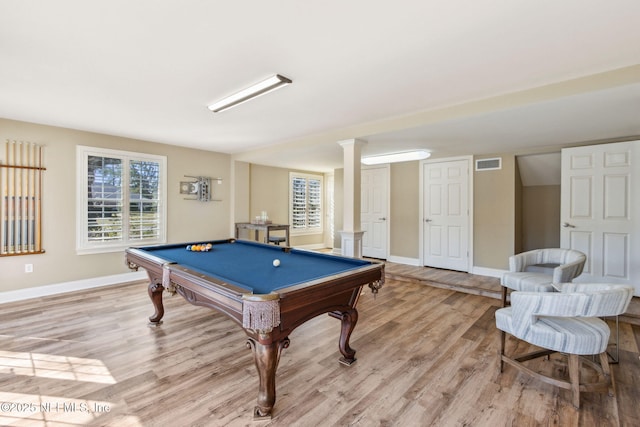 game room featuring pool table, light wood finished floors, visible vents, and baseboards