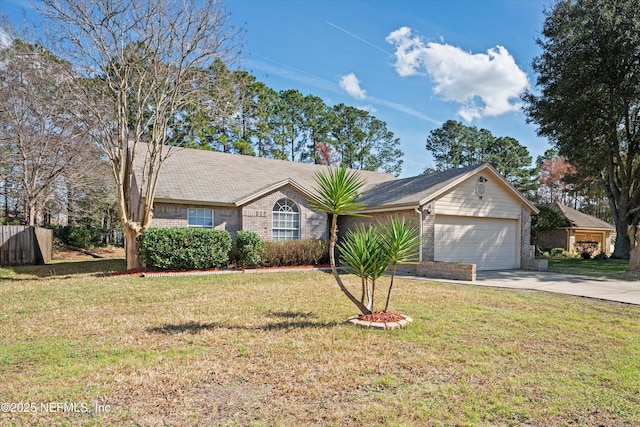 ranch-style house with driveway, brick siding, a front lawn, and an attached garage